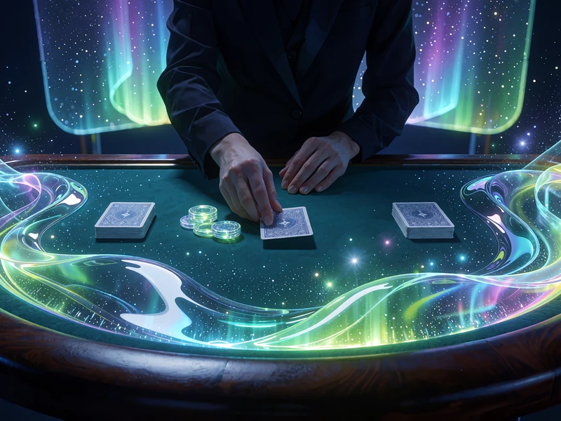 Buet baccarat-bord i dyb teal filt, hvor en dealer skubber et kort frem mellem glasjetoner