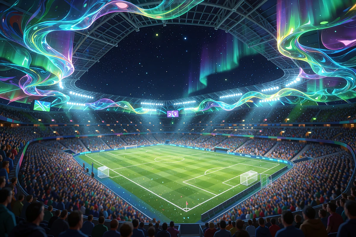 Fodboldstadion om natten set fra tribunen med gr&oslash;n bane, projekt&oslash;rlys og nordlys over taget