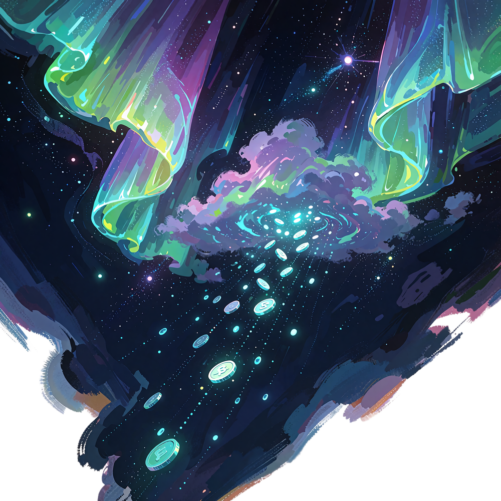 Violet og gr&oslash;n aurortake med en let regn af sm&aring; lysende m&oslash;nter og lysdr&aring;ber - illustration af Chat Rain